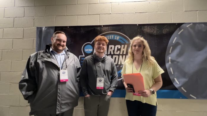 Joey Blackwell, Blake Byler and Katie Windham at the Sweet 16 in Louisville, Ky. (March 2023)